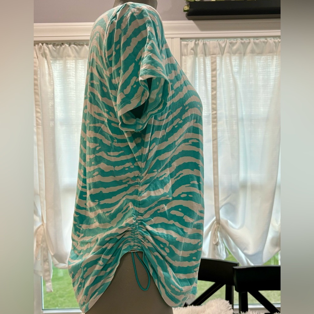 MICHAEL KORS Aqua Zebra Print Top XL | Ruched Side MK Logo Tee - Picture 4 of 9